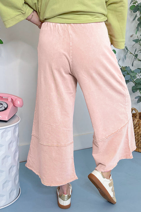 Mineral Wash Flower Applique Drawstring Cropped Wide Leg Pants