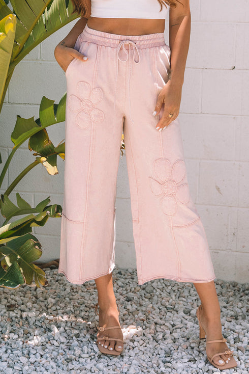Mineral Wash Flower Applique Drawstring Cropped Wide Leg Pants