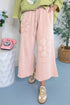 Mineral Wash Flower Applique Drawstring Cropped Wide Leg Pants