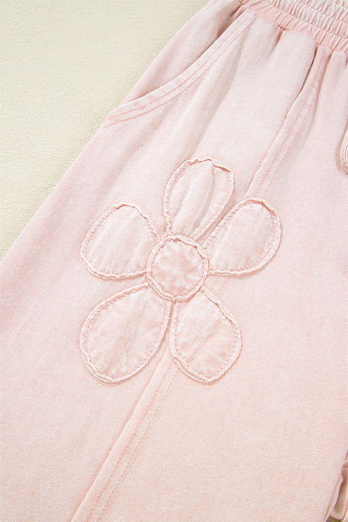Mineral Wash Flower Applique Drawstring Cropped Wide Leg Pants