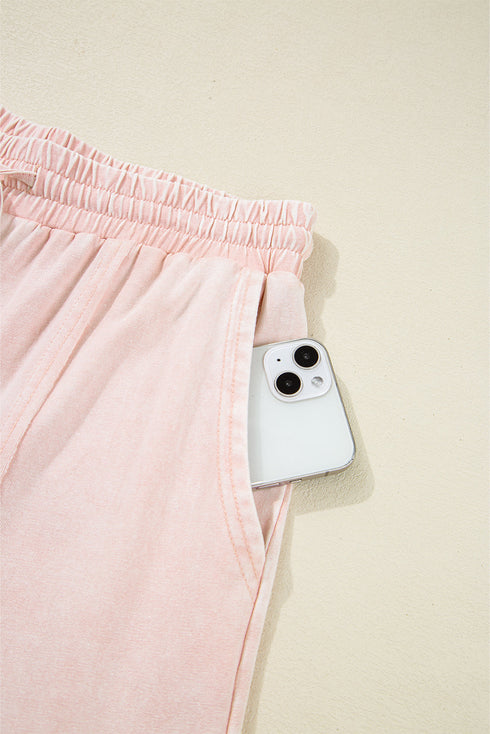 Mineral Wash Flower Applique Drawstring Cropped Wide Leg Pants