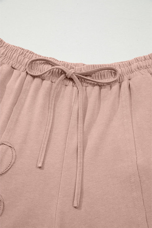 Mineral Wash Flower Applique Drawstring Cropped Wide Leg Pants