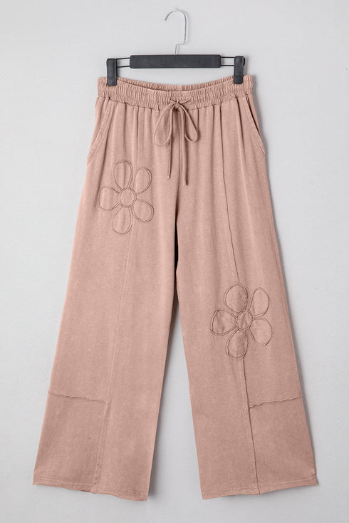 Mineral Wash Flower Applique Drawstring Cropped Wide Leg Pants