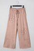 Mineral Wash Flower Applique Drawstring Cropped Wide Leg Pants