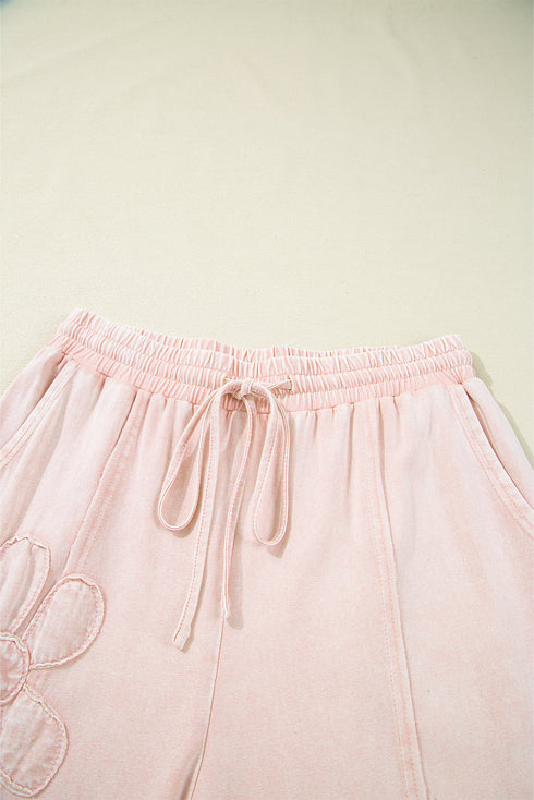 Mineral Wash Flower Applique Drawstring Cropped Wide Leg Pants