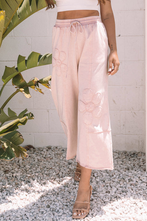 Mineral Wash Flower Applique Drawstring Cropped Wide Leg Pants