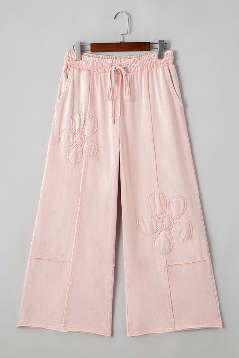 Mineral Wash Flower Applique Drawstring Cropped Wide Leg Pants