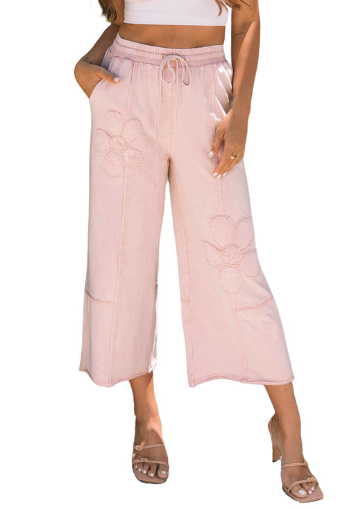 Mineral Wash Flower Applique Drawstring Cropped Wide Leg Pants