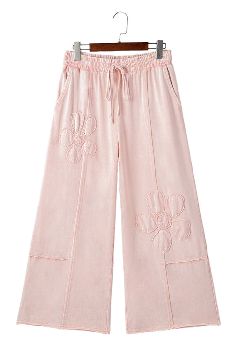 Mineral Wash Flower Applique Drawstring Cropped Wide Leg Pants