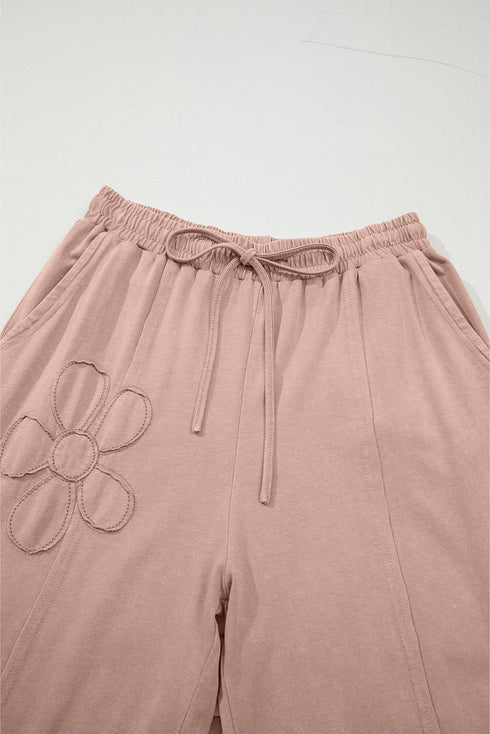 Mineral Wash Flower Applique Drawstring Cropped Wide Leg Pants