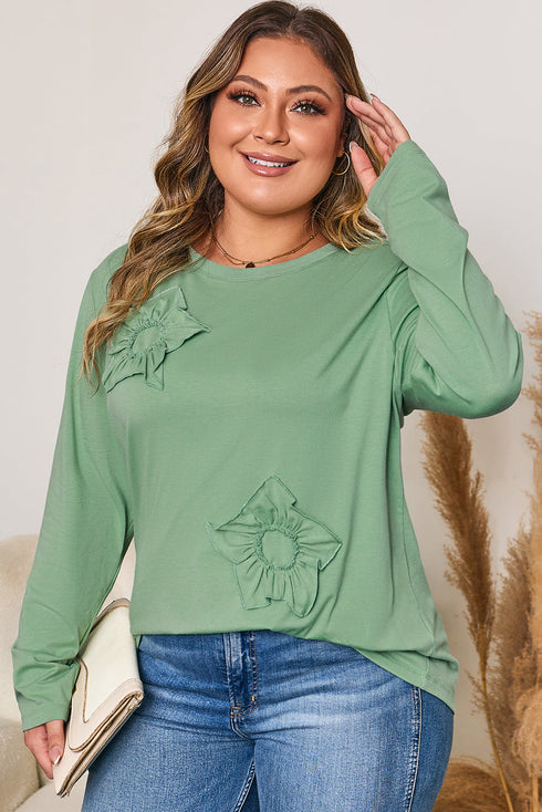 Mineral Wash Flower Applique Plus Size Long Sleeve Top