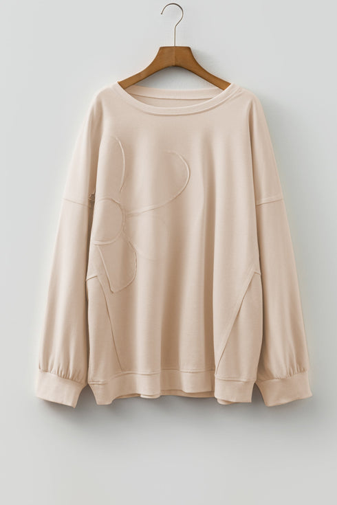 Mineral Wash Flower Patched Round Neck Long Sleeve Top