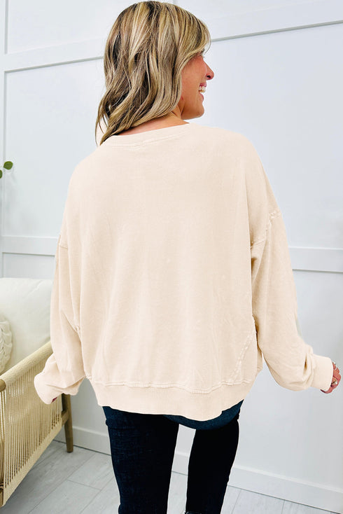 Mineral Wash Flower Patched Round Neck Long Sleeve Top