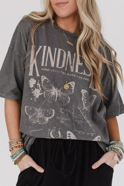 Mineral Wash Kindness Butterfly Graphic Print Loose Cotton Tee