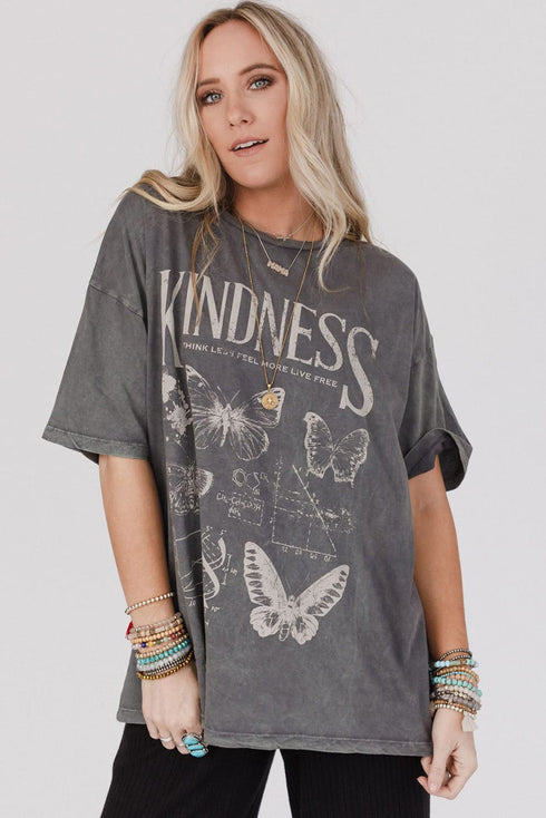 Mineral Wash Kindness Butterfly Graphic Print Loose Cotton Tee