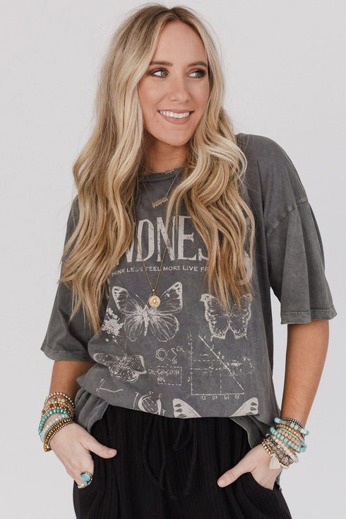 Mineral Wash Kindness Butterfly Graphic Print Loose Cotton Tee