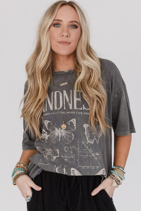 Mineral Wash Kindness Butterfly Graphic Print Loose Cotton Tee