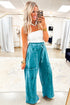 Mineral Wash Lace Up High Waist Patch Pocket Raw Hem Wide Leg Pants