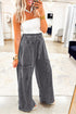 Mineral Wash Lace Up High Waist Patch Pocket Raw Hem Wide Leg Pants