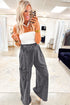Mineral Wash Lace Up High Waist Patch Pocket Raw Hem Wide Leg Pants