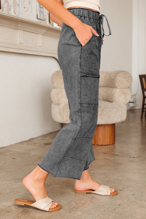 Mineral Wash Lace Up Raw Hem Wide Leg Pants