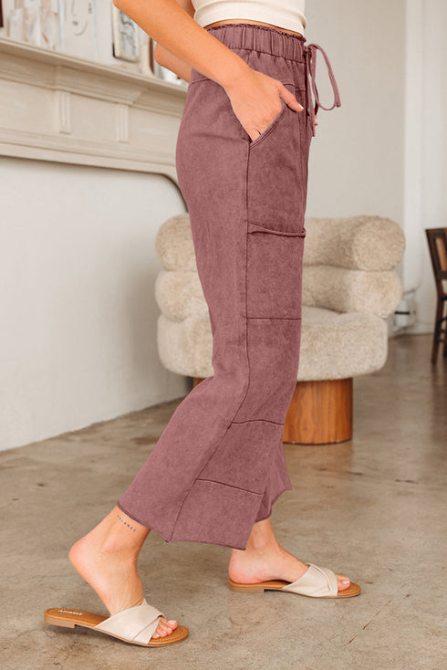 Mineral Wash Lace Up Raw Hem Wide Leg Pants