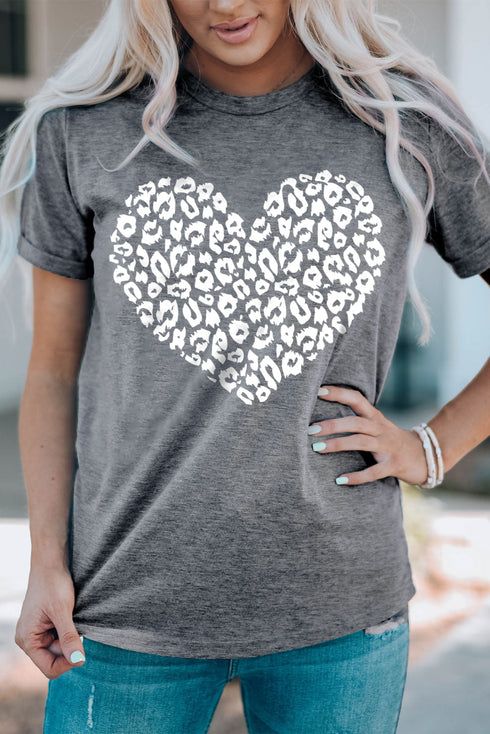 Mineral Wash Leopard Print Heart Graphic Short Sleeve Tee