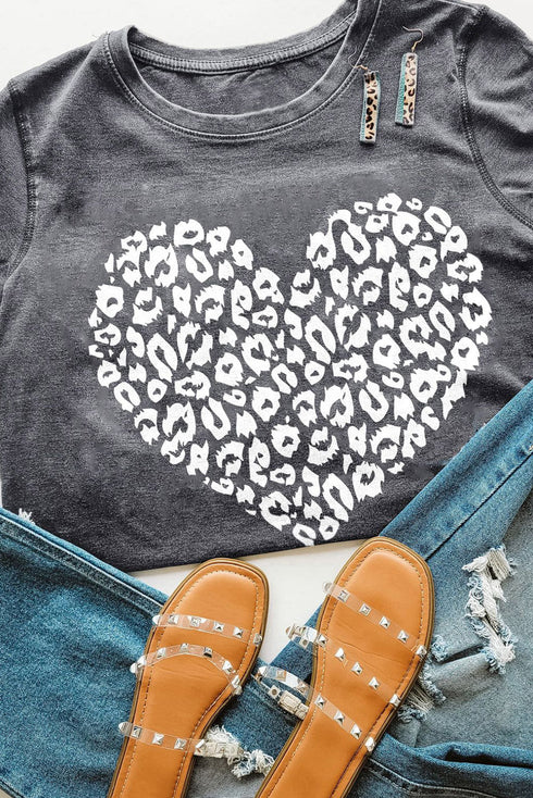 Mineral Wash Leopard Print Heart Graphic Short Sleeve Tee