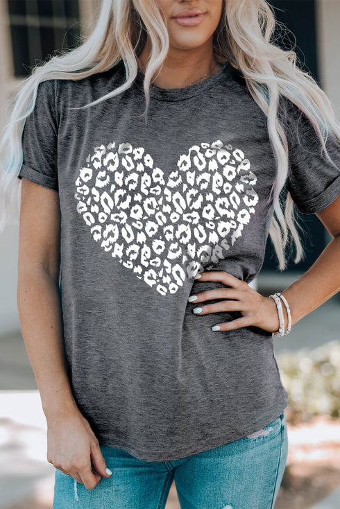 Mineral Wash Leopard Print Heart Graphic Short Sleeve Tee