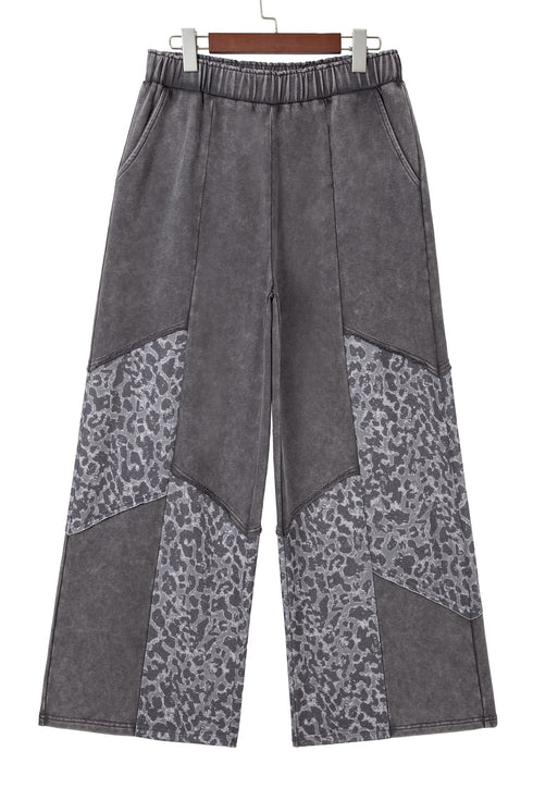Mineral Wash Leopard Print Patchwork Wide Leg Pants