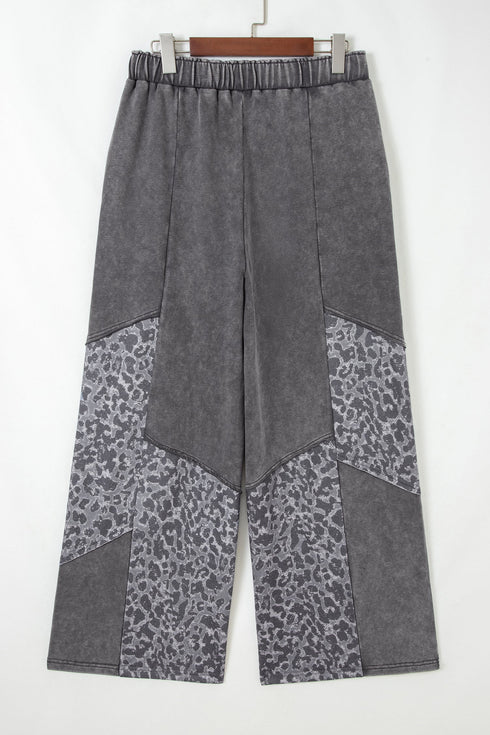 Mineral Wash Leopard Print Patchwork Wide Leg Pants
