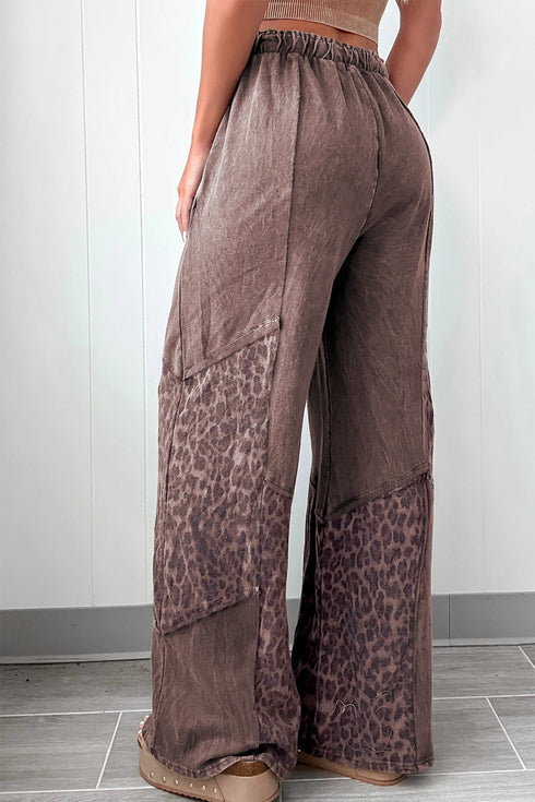 Mineral Wash Leopard Print Patchwork Wide Leg Pants