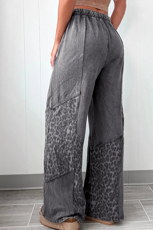Mineral Wash Leopard Print Patchwork Wide Leg Pants