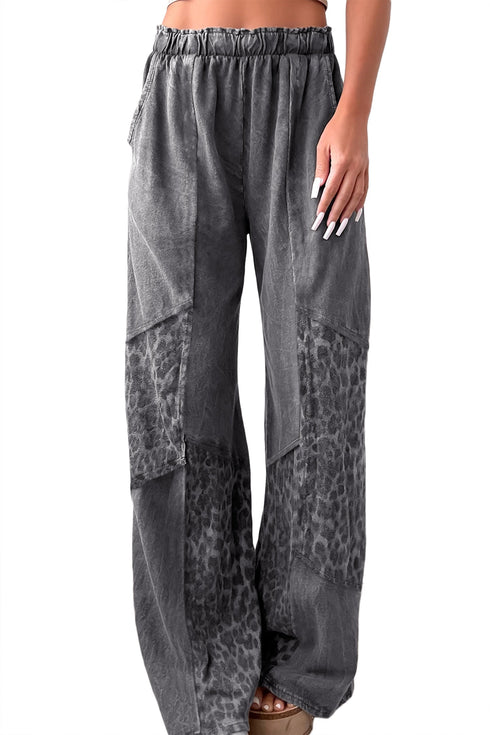 Mineral Wash Leopard Print Patchwork Wide Leg Pants