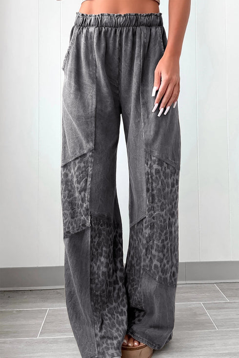 Mineral Wash Leopard Print Patchwork Wide Leg Pants