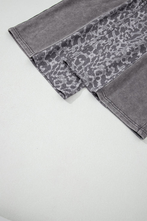 Mineral Wash Leopard Print Patchwork Wide Leg Pants