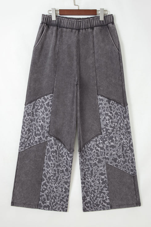 Mineral Wash Leopard Print Patchwork Wide Leg Pants