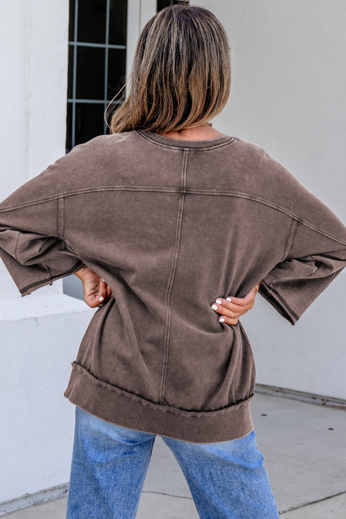Mineral Wash Loose Cotton Three Quarter Sleeve Casual Top