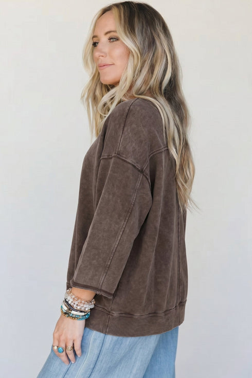 Mineral Wash Loose Cotton Three Quarter Sleeve Casual Top
