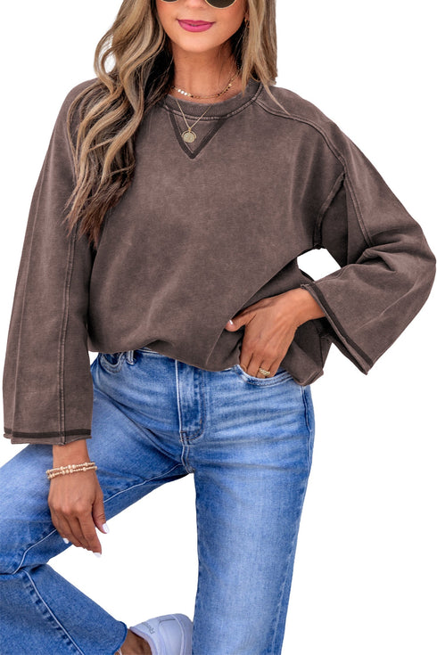 Mineral Wash Loose Cotton Three Quarter Sleeve Casual Top