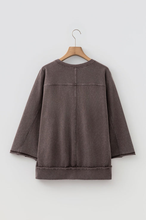 Mineral Wash Loose Cotton Three Quarter Sleeve Casual Top
