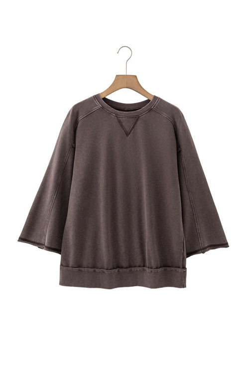Mineral Wash Loose Cotton Three Quarter Sleeve Casual Top