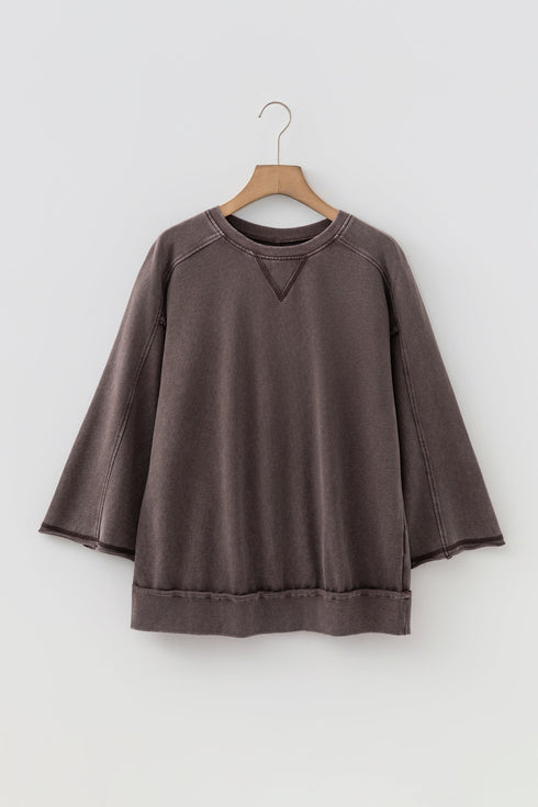 Mineral Wash Loose Cotton Three Quarter Sleeve Casual Top
