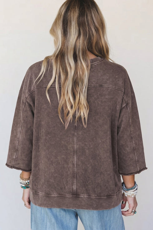 Mineral Wash Loose Cotton Three Quarter Sleeve Casual Top