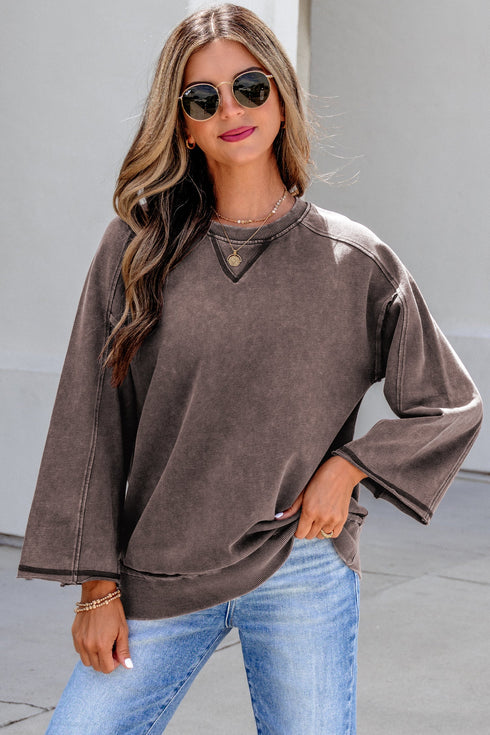 Mineral Wash Loose Cotton Three Quarter Sleeve Casual Top