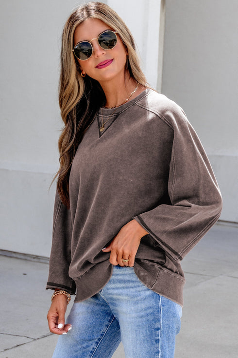 Mineral Wash Loose Cotton Three Quarter Sleeve Casual Top