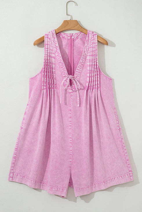 Mineral Wash Pleated Bust V Neck Sleeveless Denim Romper