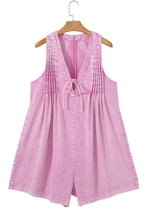 Mineral Wash Pleated Bust V Neck Sleeveless Denim Romper