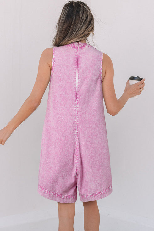 Mineral Wash Pleated Bust V Neck Sleeveless Denim Romper