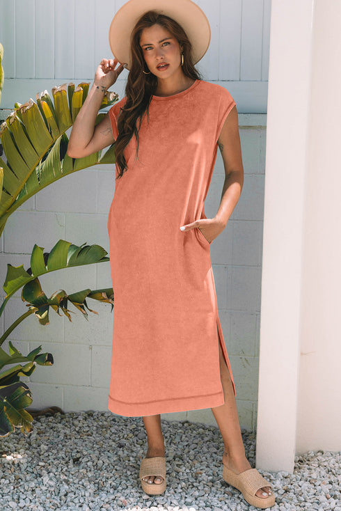 Mineral Wash Pocketed H Line Long T Shirt Dress